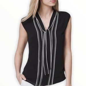 WHBM Black Contrast Piping Tie Neck Sleeveless Blouse Top 4